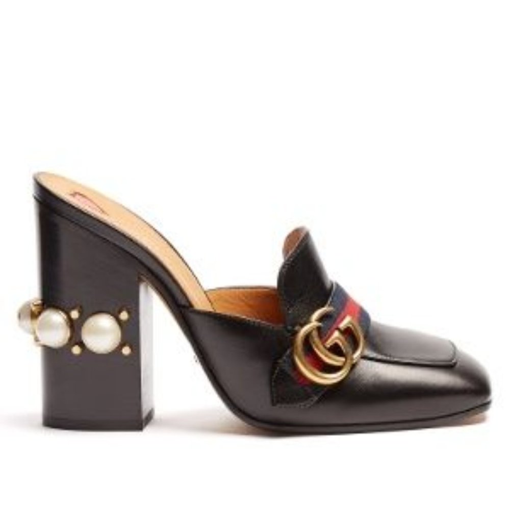 GUCCI SOLD-OUT Black Leather Mid-Heel Pearl & Stud Loafers